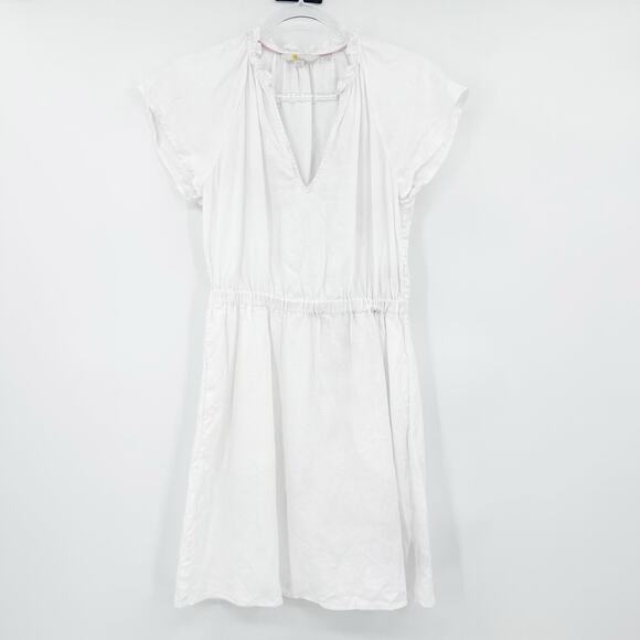 Boden White Linen Short Flutter Sleeve Dress Elastic Waist V Neck Womens Size 4 - Picture 3 of 12